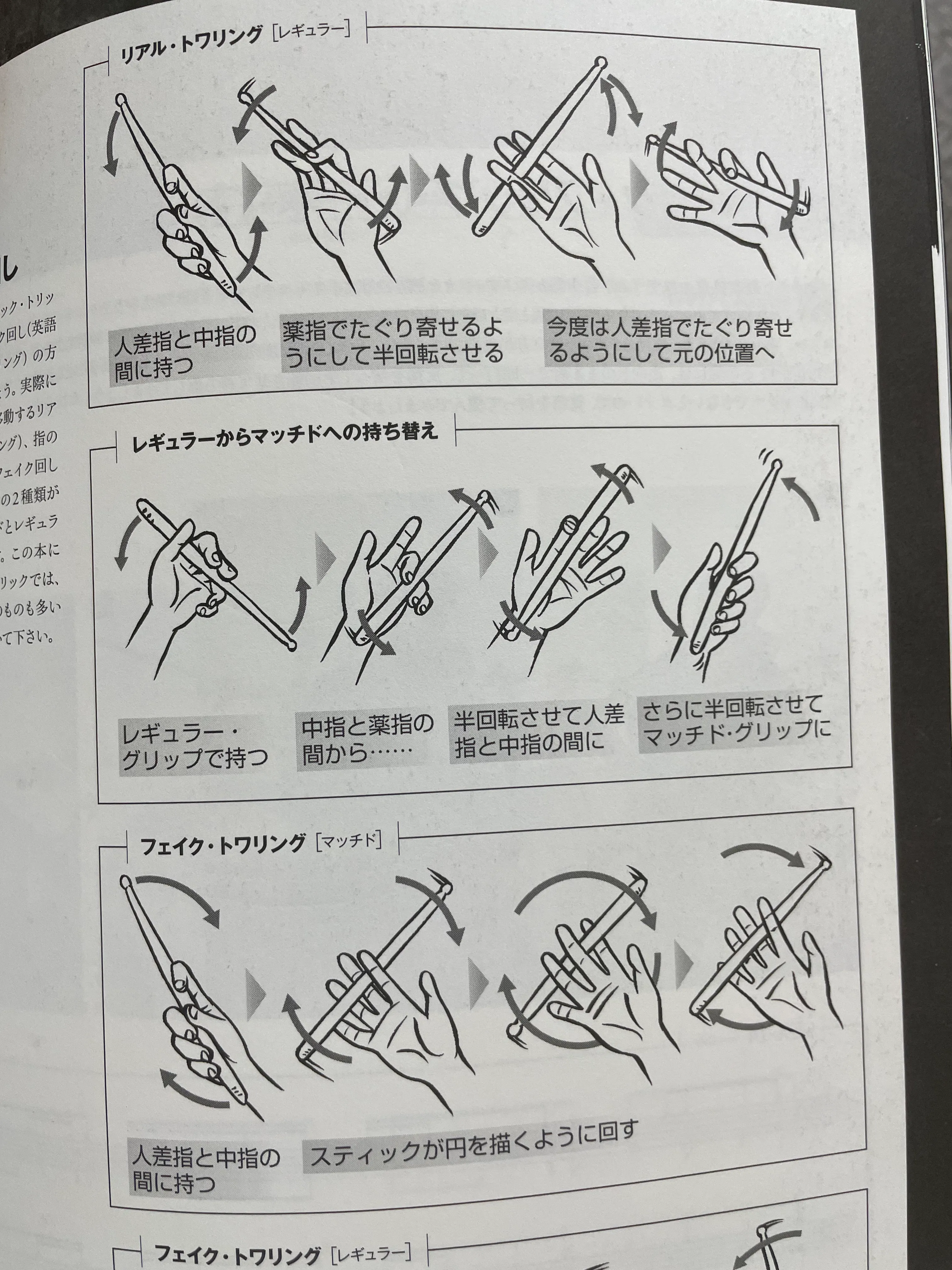 스틱을 돌리는 동작을 그림으로 설명한 교재 페이지